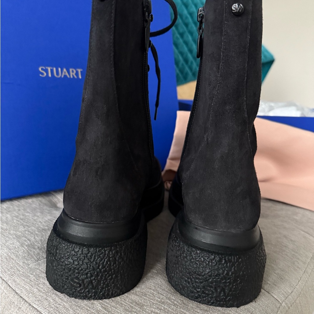 Stuart Weitzman Black Charli Suede Combat Lace-up Sportlift Boots - Picture 6 of 17